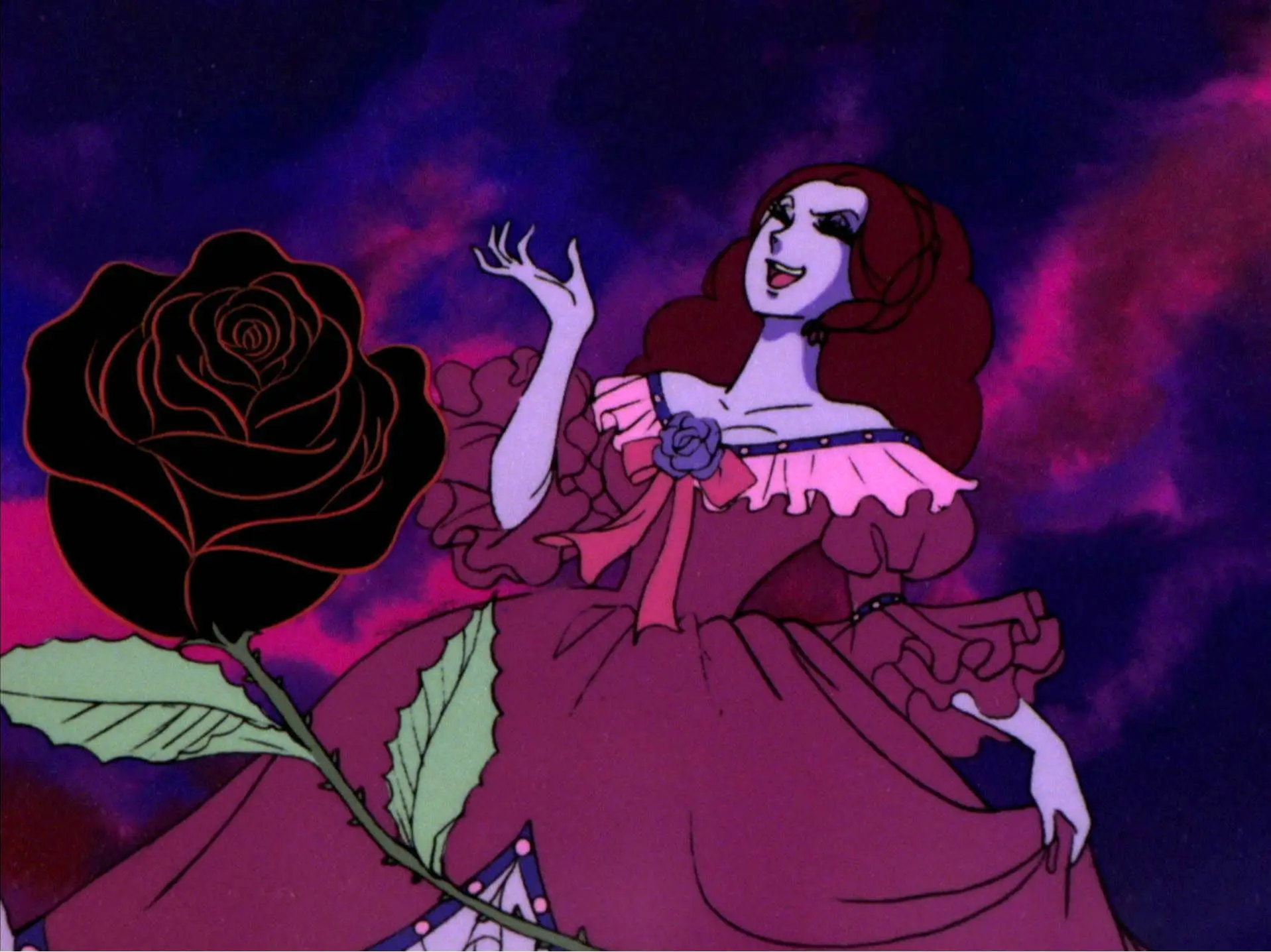 Zeichentrickillustration, Rüschenkleid, rosa Kleid, schwarze Rose, lila Hintergrund