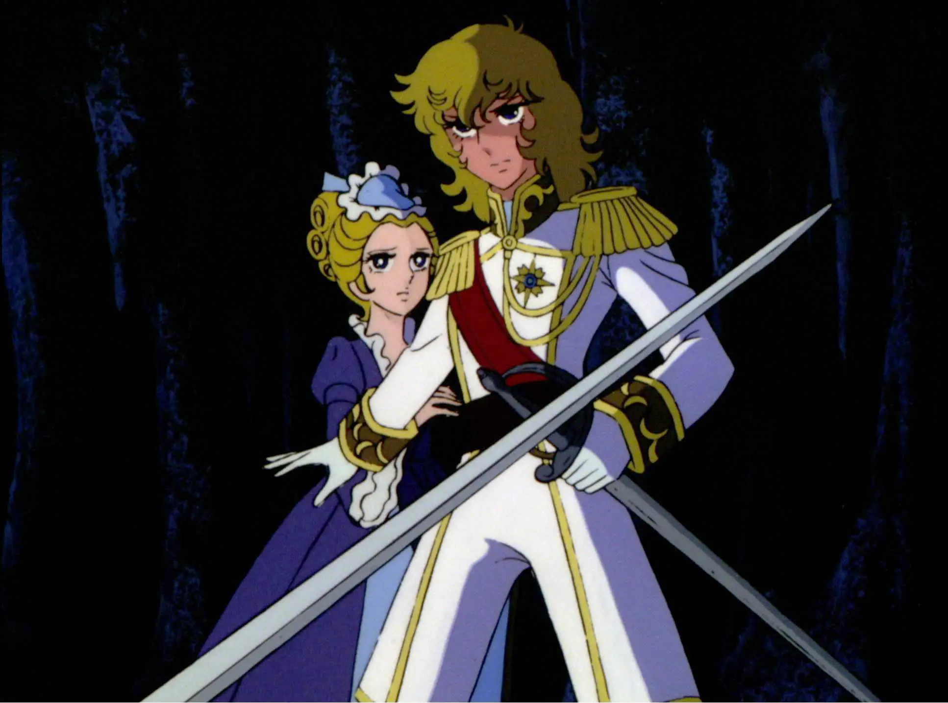Anime-Illustration, Schwert, Militäruniform, blonde Figuren, violette Kleidung