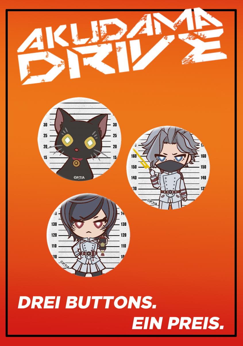 3er Buttonset "Katze, Schülerin, Meister" - Akudama Drive Cover 3er Buttonset "Katze, Schülerin, Meister" - Akudama Drive Cover