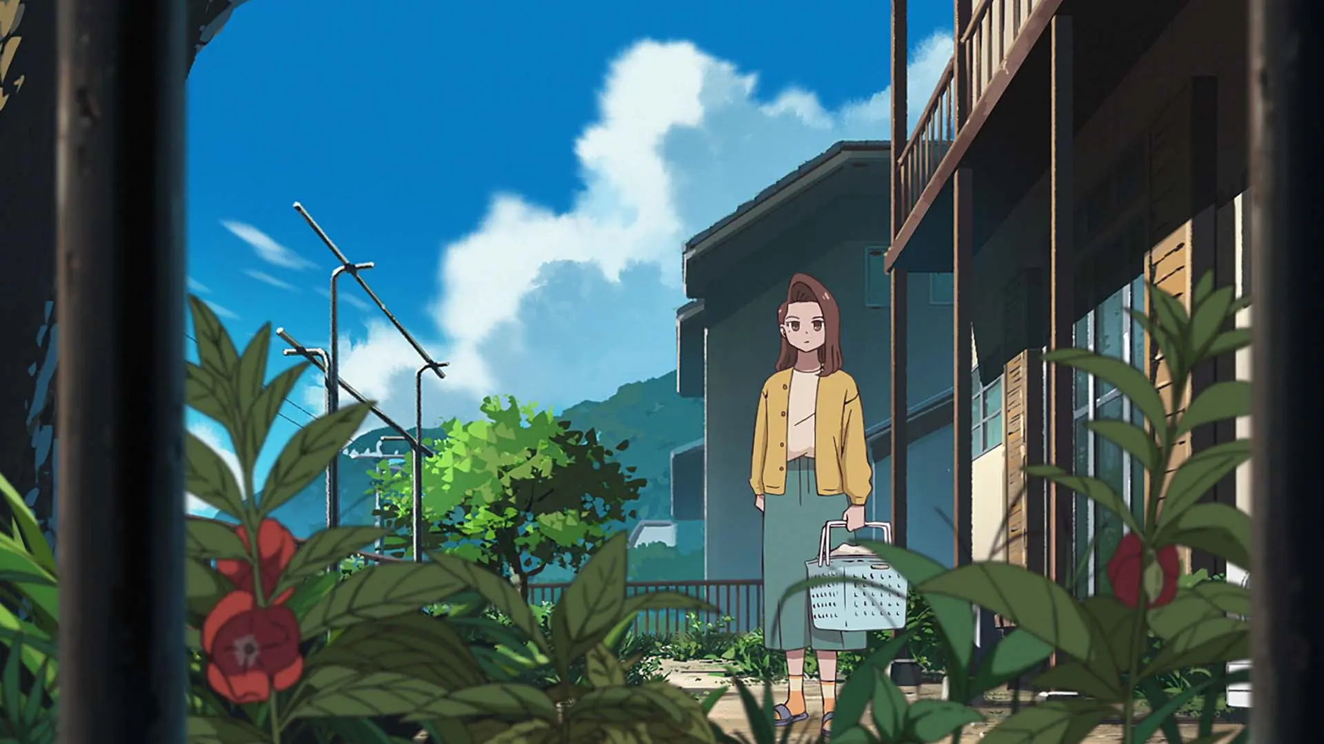 Anime-Illustration, junge Frau, Einkaufskorb, Stadtstraße, Sommerszene