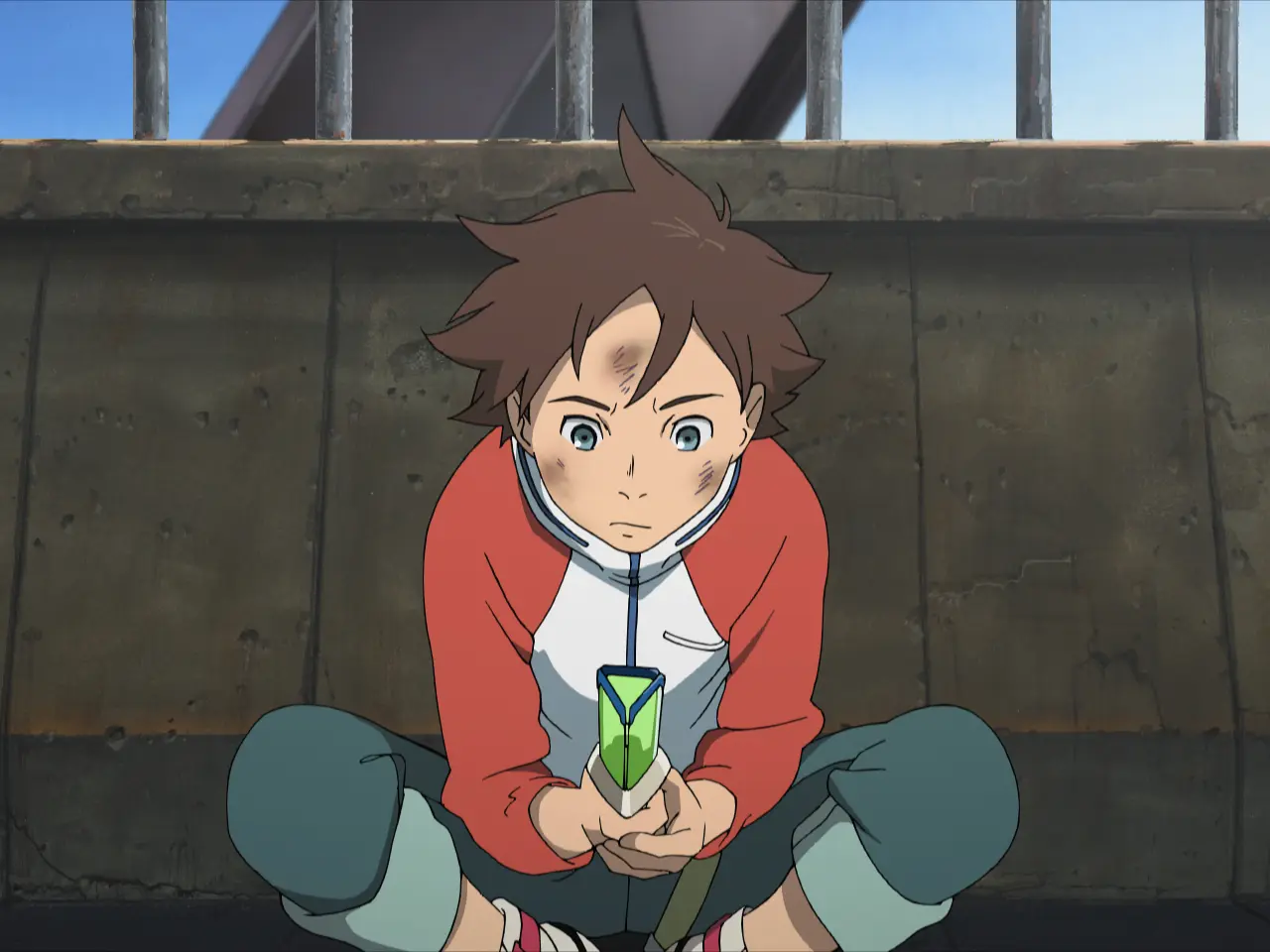 Anime-Illustration, braunhaarige Figur, roter Trainingsanzug, grünes Gerät