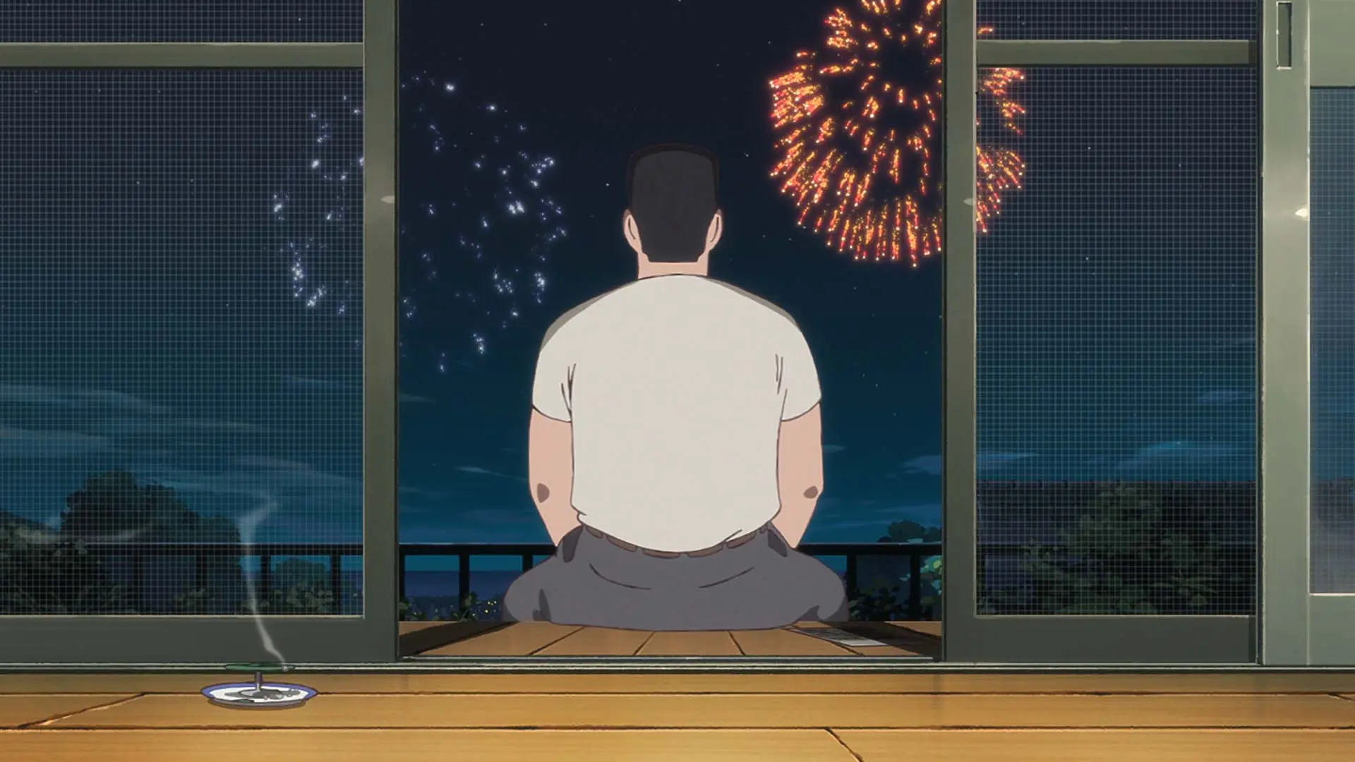 Anime-Illustration, Feuerwerk, Nachtszene, sitzender Mann, weißes T-Shirt