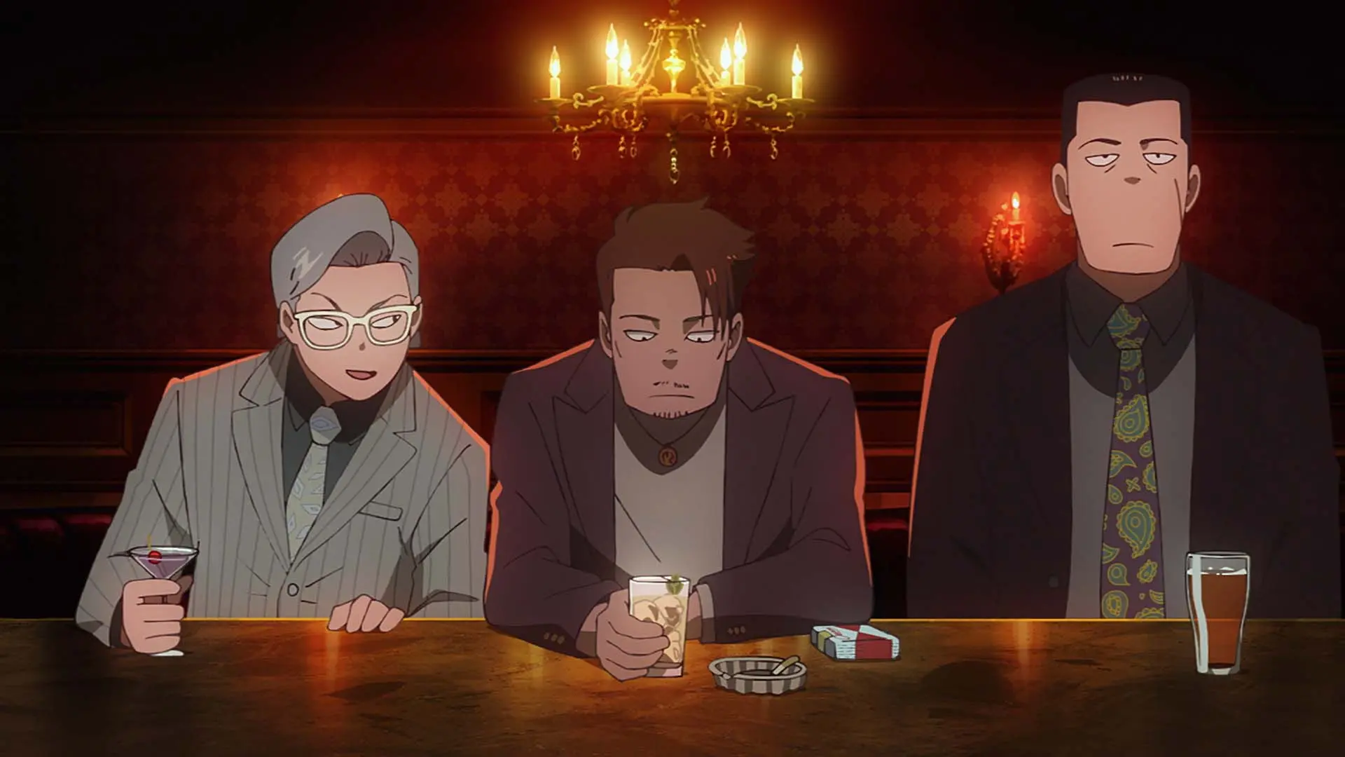 Anime-Illustration, Männer in Anzügen, Cocktailgläser, Gemusterte Krawatte, Barinterieur