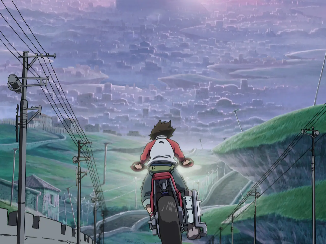 Motorrad, Anime-Illustration, Motorradfahrer, ländliche Landschaft, Strommasten