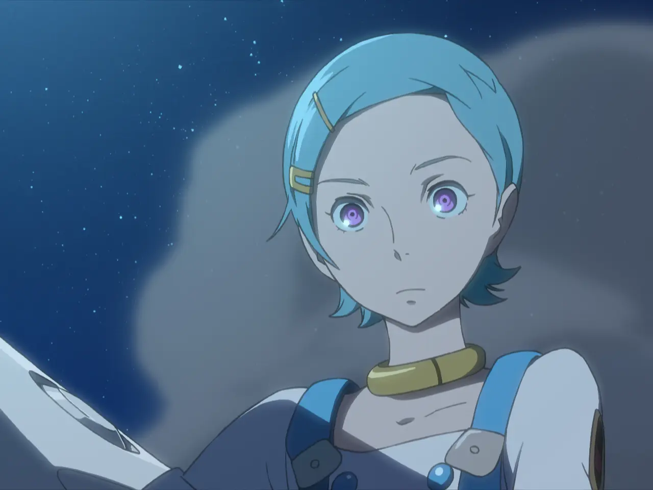Anime-Illustration, blaue Haare, violette Augen, Sci-Fi-Outfit, Haarspangen