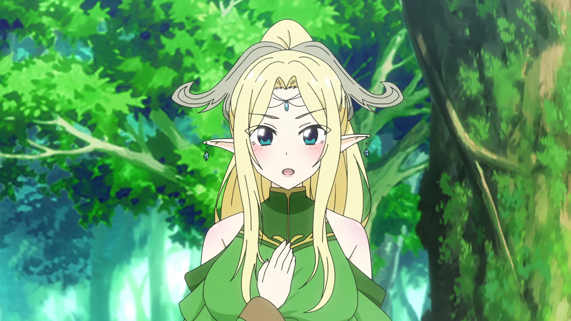 Anime-Illustration, Elfenfrau, blondes Haar, grüne Kleidung, Waldhintergrund