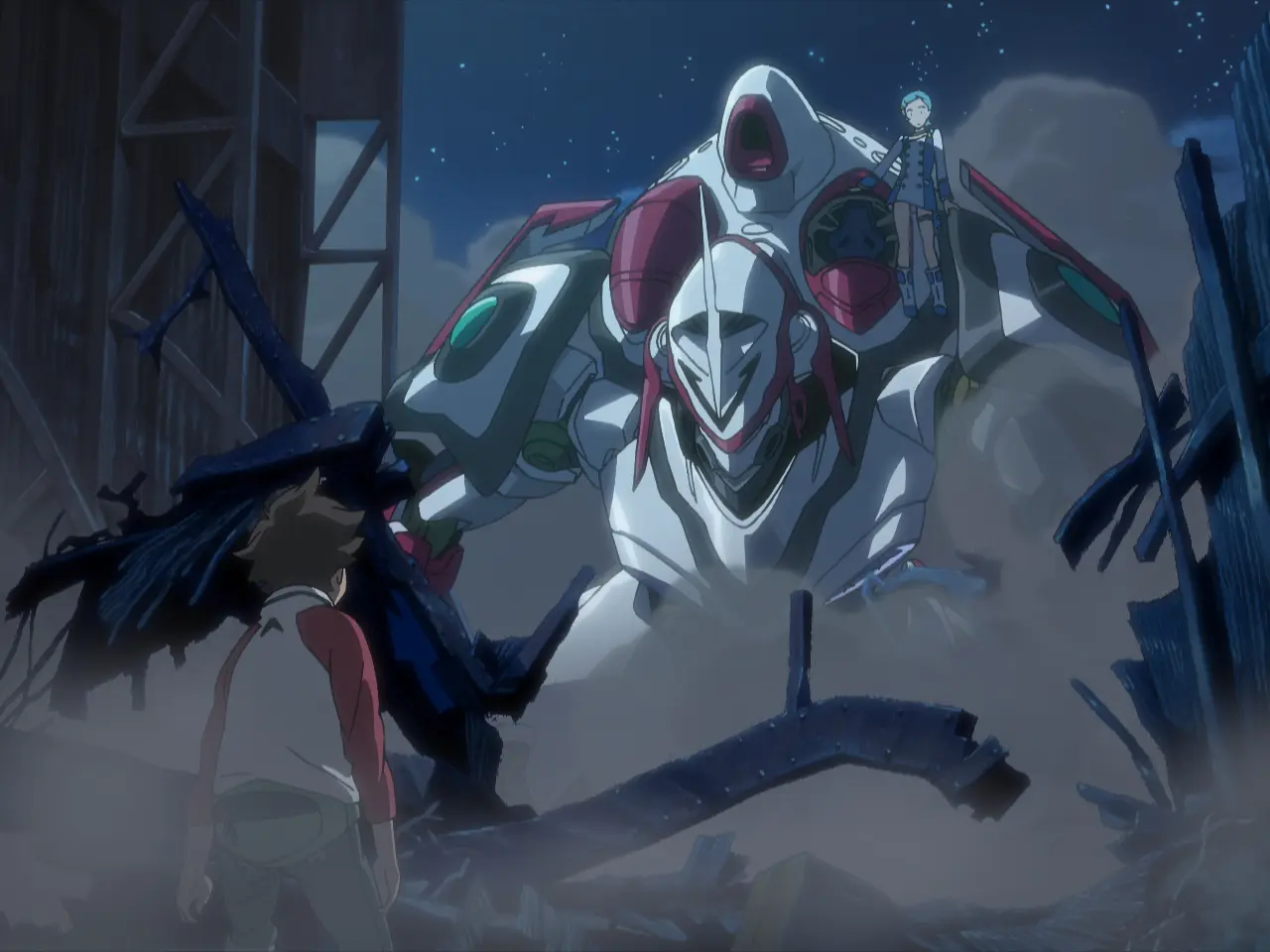Anime-Szene, Riesenroboter, weiße Rüstung, Science-Fiction, Nachtszene
